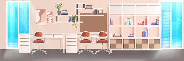 Moderno espacio de coworking oficina interior vacío no personas espacio abierto gabinete habitación con muebles — Vector de stock
