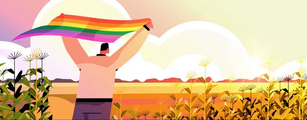 Lgbt 무지개 깃발을 들고 게이 레즈비언 사랑 퍼레이드 자부심 축제 트랜스젠더 사랑 컨셉트 — 스톡 벡터