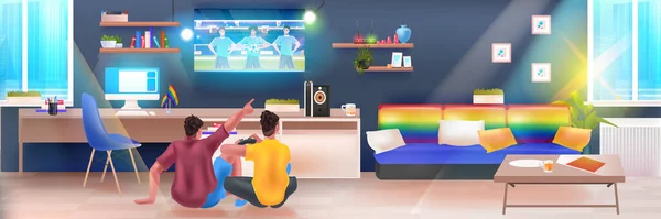 Dos hombres jugando video juegos lgbt arco iris bandera gay lesbiana amor desfile orgullo festival transexual amor concepto — Archivo Imágenes Vectoriales