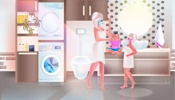 Madre con niños aplicando máscaras feliz familia pasar tiempo juntos baño interior — Vector de stock