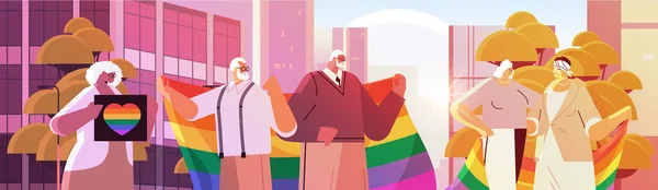 Mix race senior people holding lgbt rainbow flags gay lesbisch love parade pride festival transgender love concept — Stockvektor