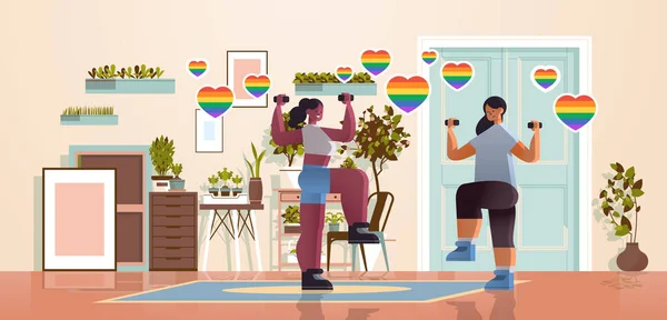 Pencinta ras campuran gadis melakukan latihan fisik dengan dumbbells cinta lesbian parade konsep transgender LGBT - Stok Vektor