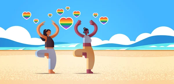 Pencinta ras campuran gadis melakukan latihan fisik pantai lesbian cinta parade konsep transgender LGBT - Stok Vektor
