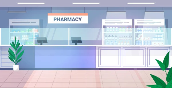 薬棚に並ぶ人はいない薬局現代の薬局店内は水平 — ストックベクタ