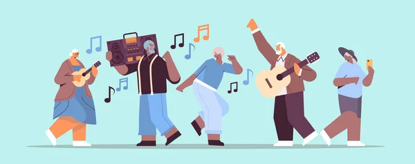 인종 문제 노인들을 베이스 클랩 블라스터 녹음기 춤 과 노래하는 조부모님들 과어울리며 활기찬 노년기를 보낸다 — 스톡 벡터