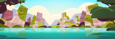 Güzel tropikal plaj manzarası. Yaz mevsimi. Ağaçlar ve dağlar yatay.