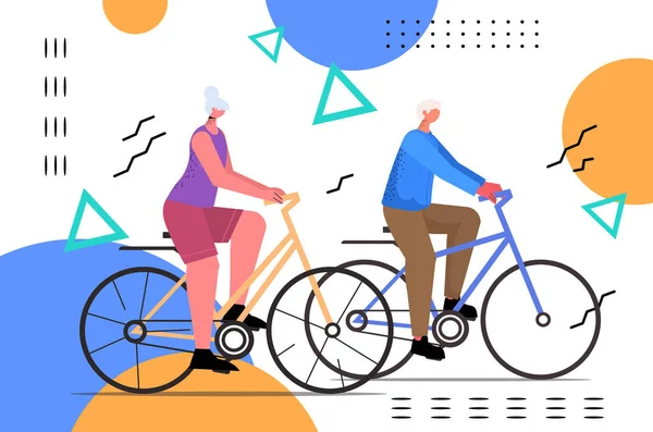 자전거를 타는 나이든 부부의 건강 한 생활 방식을 활용하는 노인의 이야기 — 스톡 벡터