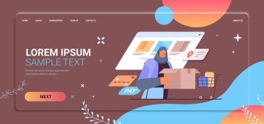 Karton kutulu Arap kadın hızlı teslimat servisi sipariş ediyor online alışveriş konsepti dikey portre