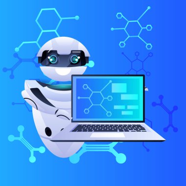 Laptop kullanan modern robot yapay zeka teknolojisi konsepti tam boy