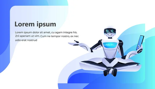 Modern robot oturan lotus tablet pc yapay zeka teknolojisi konseptini kullanarak robotik karakter pozu verir — Stok Vektör