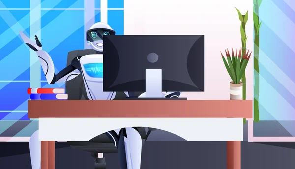 Ρομπότ που κάθεται στο χώρο εργασίας ρομποτικός επιχειρηματίας που εργάζεται στο γραφείο έννοια της τεχνητής νοημοσύνης — Διανυσματικό Αρχείο