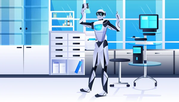 Robot sosteniendo tubo de ensayo con químico robótico líquido haciendo experimentos en ingeniería genética de laboratorio inteligencia artificial — Vector de stock