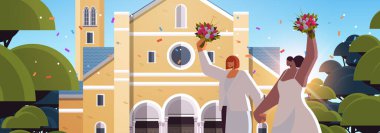 Çiçekleri olan yeni evli lezbiyen çift kilise transseksüel aşkı LGBT halk düğünü kutlaması