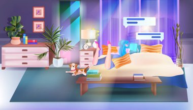 Kadın laptopta sohbet uygulaması kullanıyor sosyal medya ağı çevrimiçi iletişim konsepti yatak odası tam boy