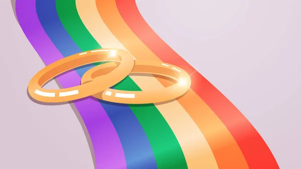 Mariage bagues d'or sur drapeau arc-en-ciel amour transgenre communauté LGBT tolérance liberté concept — Image vectorielle