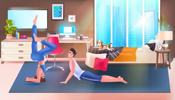 Yoga egzersizi yapan genç bir çift. Sağlıklı yaşam tarzı konsepti. Yatak odası iç mekan. — Stok Vektör