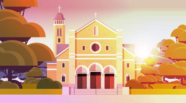 Katolik kilise mimarisinin çağdaş cephesi Hristiyan din kültürü kavramı yatay — Stok Vektör