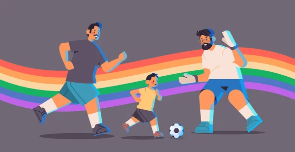 Padres varones jugando al fútbol con su pequeño hijo gay familia transexual amor LGBT concepto de comunidad — Vector de stock