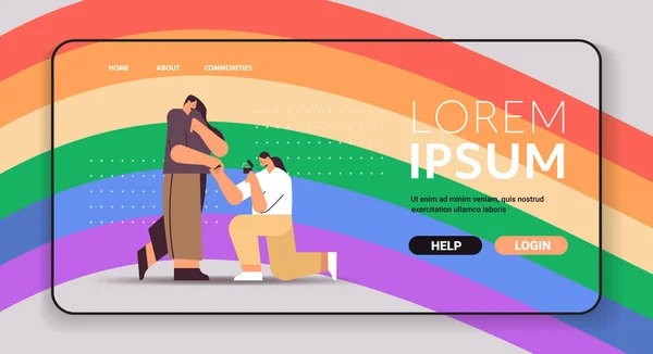 Lesbijki oświadczające się kobiecie na kolanach z pierścionkiem zaręczynowym transgenderowa miłość LGBT — Wektor stockowy