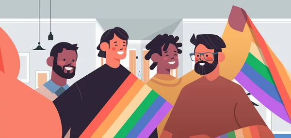 ( 영어 ) race gays with rainbow flag taking selfie photo on smartphone camera transgender love LGBT community — 스톡 벡터