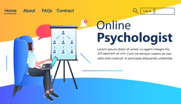 Psykolog med bärbar dator lösa psykologiska problem online konsultation psykoterapi session — Stock vektor