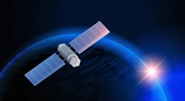 Uzay keşfi astronotluk teknolojisi konsepti. Uydu gözlemleme uydusu Dünya 'nın etrafında yörüngesel uzay yolculuğu yapıyor.