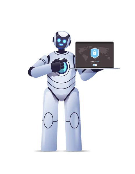 Robot cyborg holding laptop with protection shield cyber security data protection artificial intelligence technology — Stock Vector