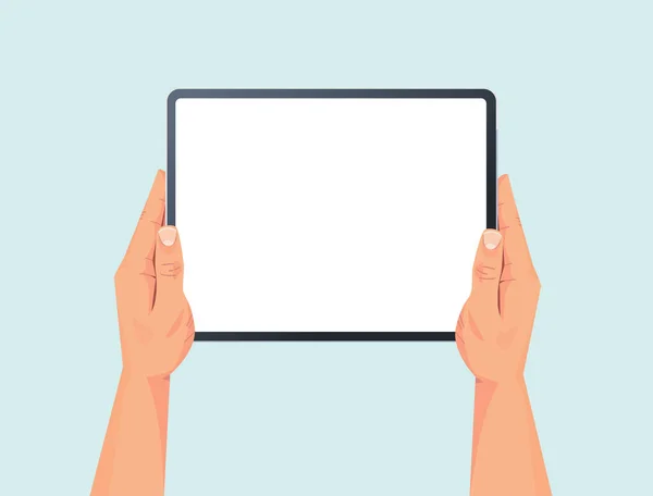 Ανθρώπινα χέρια κρατώντας tablet PC με κενή οθόνη αφής χρησιμοποιώντας ψηφιακή συσκευή έννοια απομονωμένη οριζόντια — Διανυσματικό Αρχείο