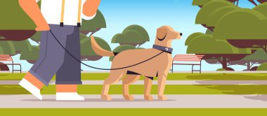 Parkta köpekle gezen genç bir adam. Erkek sahibi ve evcil hayvan konsepti olan sevimli bir evcil hayvan arkadaşı.