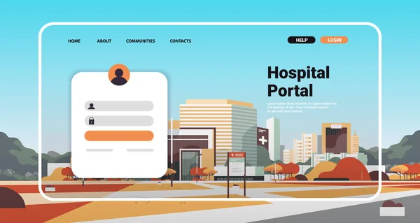 Nemocniční portál webové stránky přistání šablona s lékařskou klinikou budova on-line konzultace zdravotní koncepce — Stockový vektor