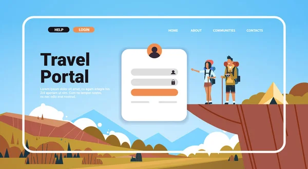 Muž žena pár turistika v horách webové stránky přistání stránka šablona cestování portál výlet dobrodružství koncept — Stockový vektor