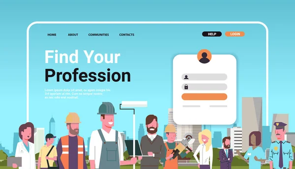 Finden Sie Ihre Berufswebseite Landing Page Vorlage verschiedene Berufe Arbeiter zusammen stehen — Stockvektor