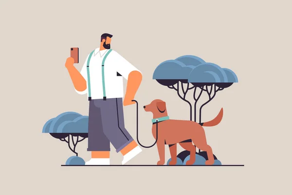 Jovem caminhando com cão proprietário masculino e bonito animal doméstico amizade com o conceito de animal de estimação — Vetor de Stock