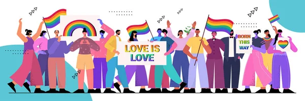 Mix verseny emberek gazdaság lgbt szivárvány zászlók és plakátok meleg leszbikus szerelem felvonulás büszkeség fesztivál transznemű szerelem — Stock Vector