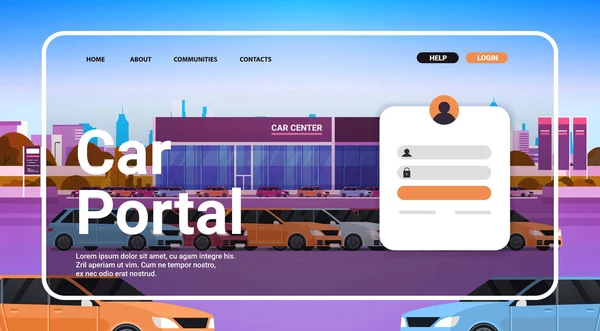 Online car portal webová stránka přistání šablona nové automobily showroom cityscape pozadí — Stockový vektor