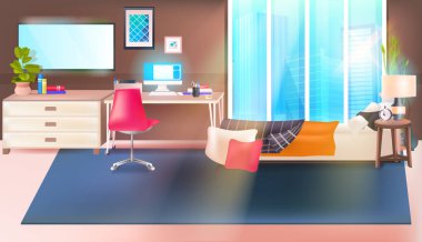 Modern yatak odası içi boş. Mobilyaları yatay olan insan evi yok.