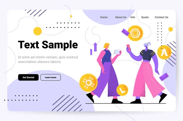 Женщины добывают различные виртуальные монеты на цифровых гаджетах криптовалюта банковские операции инвестиции — стоковый вектор