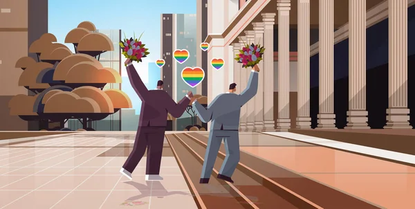 ゲイの新婚夫婦花の散歩屋外トランスジェンダーの愛LGBTコミュニティの結婚式のお祝い — ストックベクタ