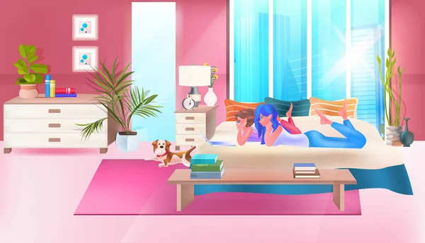 Two girls using chatting app on laptop social media network online communication concept bedroom interior — Stock Vector