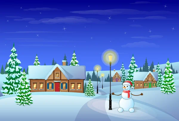 Різдвяна ніч і сніговик — стоковий вектор