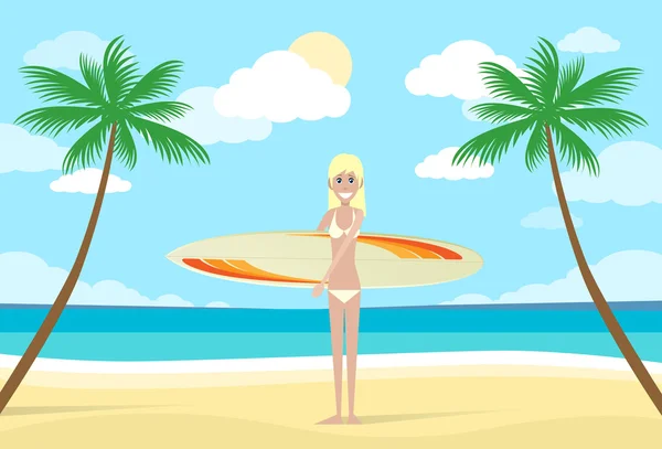 サーフィン ボードを持つサーファー女性 — ストックベクタ