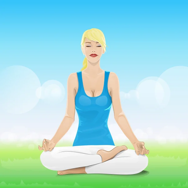 Vrouw zitten in yoga lotuspositie — Stockvector