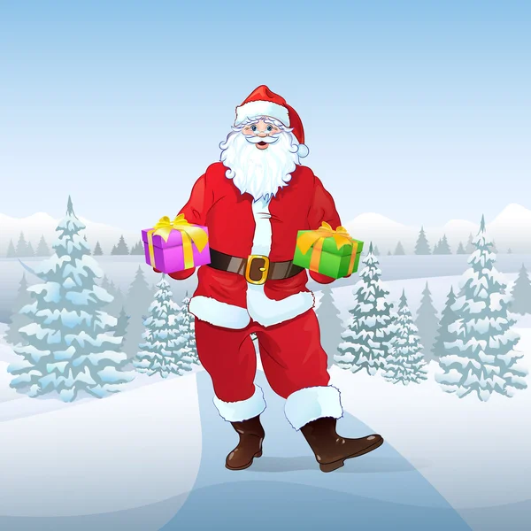 Santa Claus en el bosque de invierno — Vector de stock