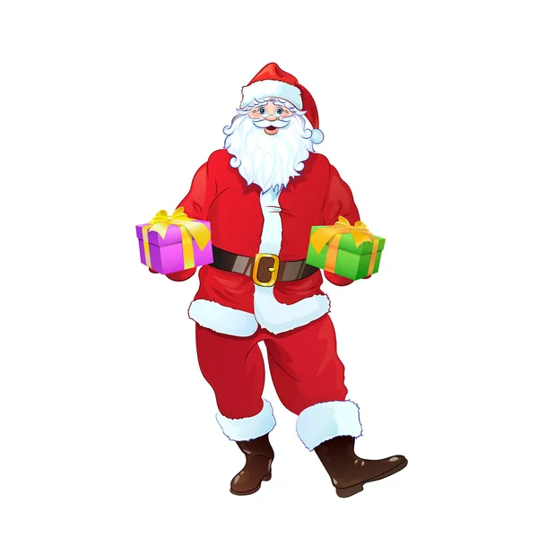 Santa Claus sostiene regalos — Vector de stock