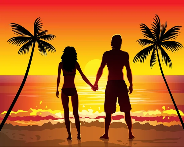 Couple sur la plage au coucher du soleil — Image vectorielle