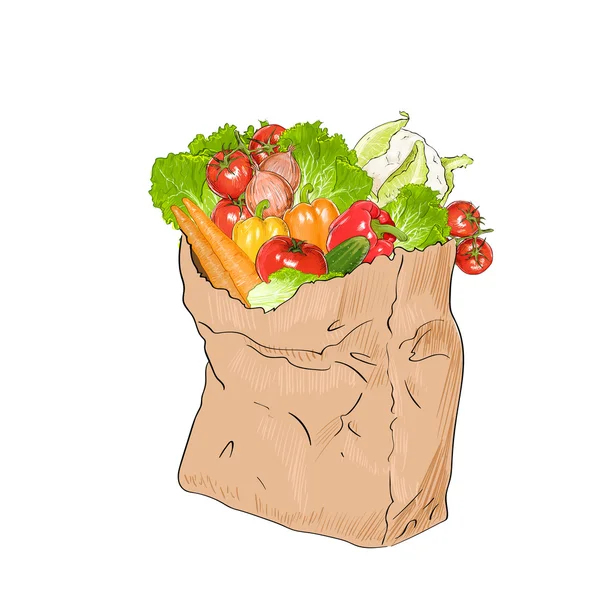 Verduras frescas crudas en bolsa de papel — Vector de stock