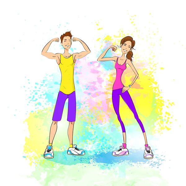 Uomo e donna mostrano muscoli bicipiti — Vettoriale Stock