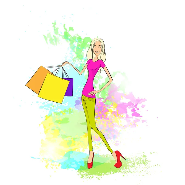 Mujer con bolsas de compras — Vector de stock