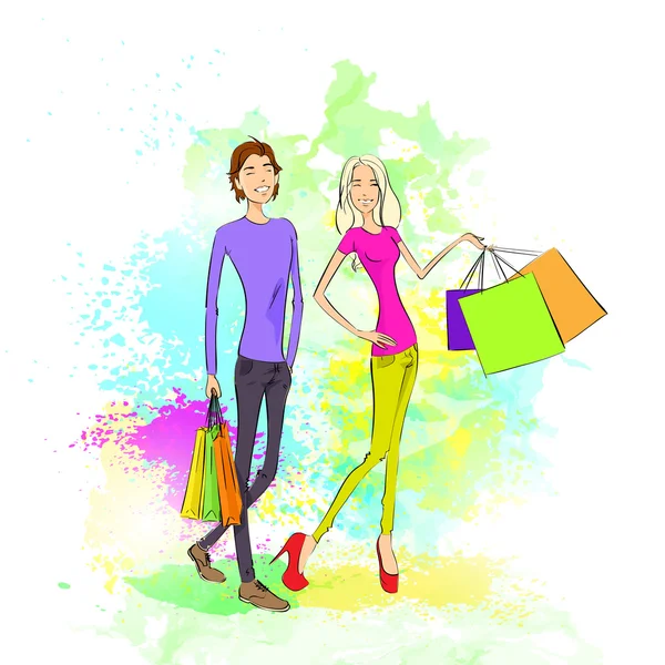 Mujer y hombre con bolsas de compras — Vector de stock