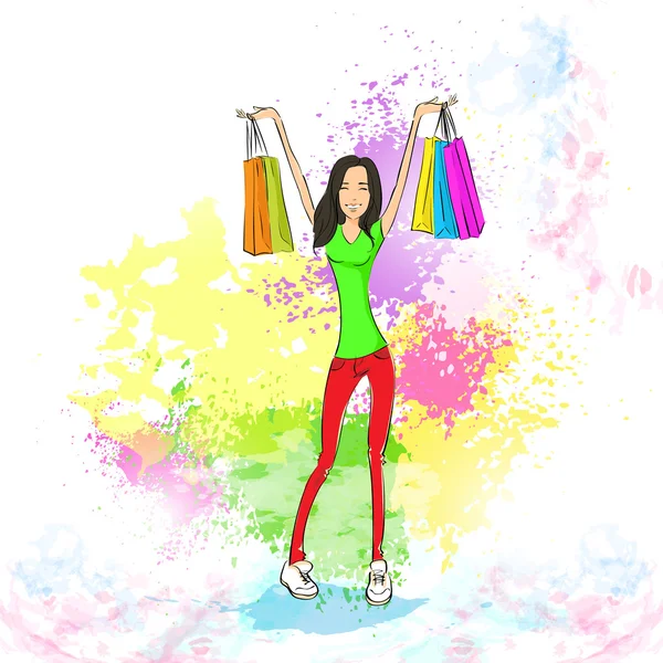 Mujer con bolsas de compras — Vector de stock